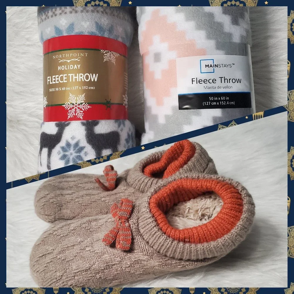 NEW! Soft & Cuddle Bundle: 2 Fleece Throws & Slippers